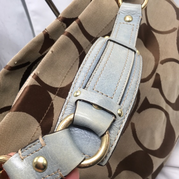 Coach Signature Carly Khaki Brown,Tan SlateBlue Leather Hobo Bag ✅Offers Welcome - Picture 9 of 12